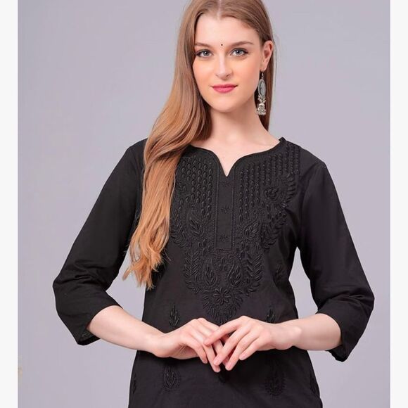 JAI GOVINDAM Indian Hand Embroidered Kurti-Chikankari Cotton Long Kurti's Tunic - Picture 2 of 10